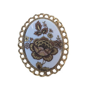 Vintage Cameo Brooch Women's Gold & White Floral Transfer Milk Glass Collectible